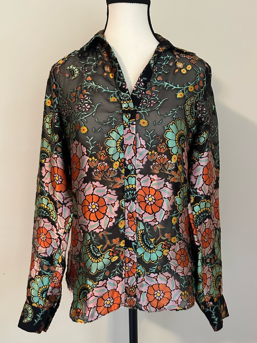 Alice + Olivia Black Sheer Floral Button-Up with Pink & Orange Blooms